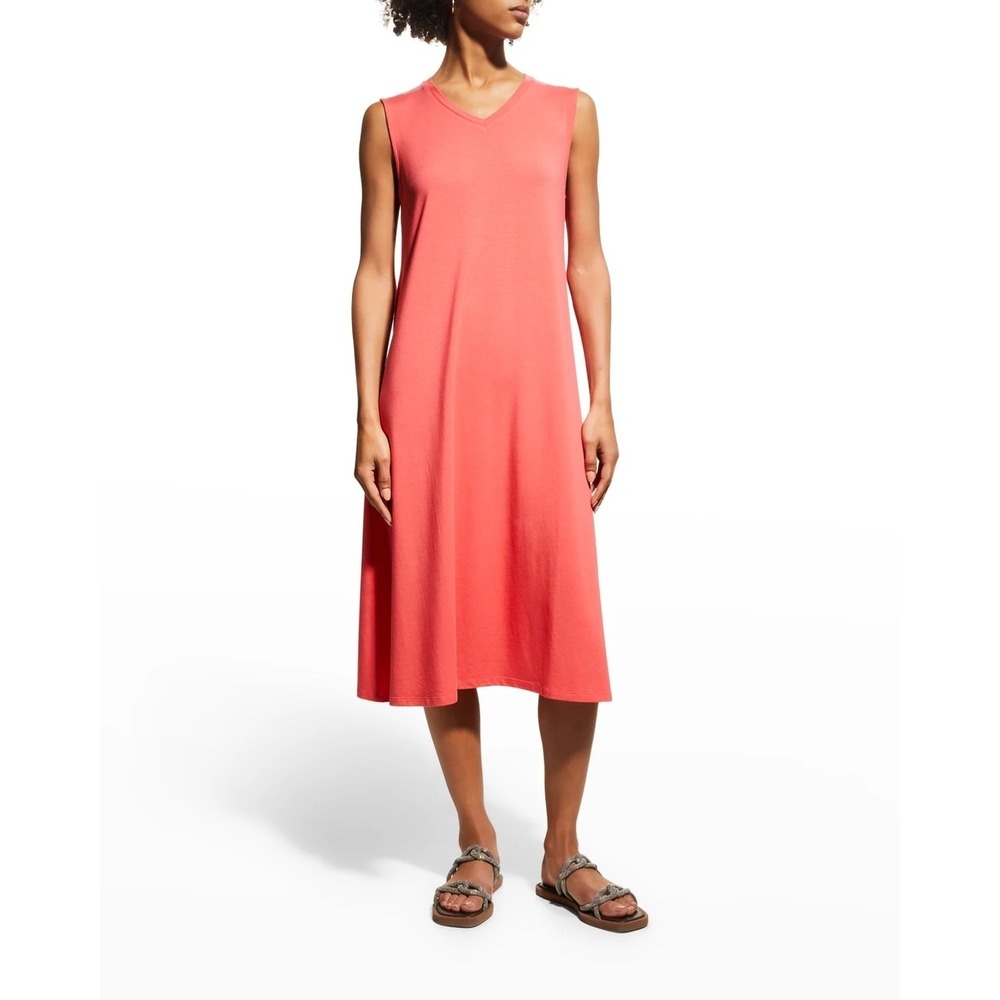 Eileen Fisher V-Neck Sleeveless Jersey Midi Dress in Watermelon Size Large NWT